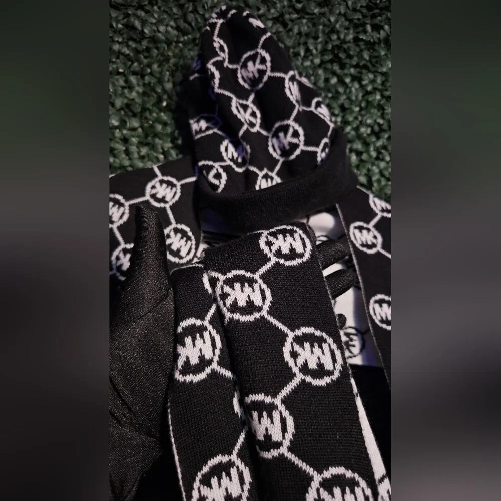 Michael Kors Black and White Logo Beanie and Scarf Set
